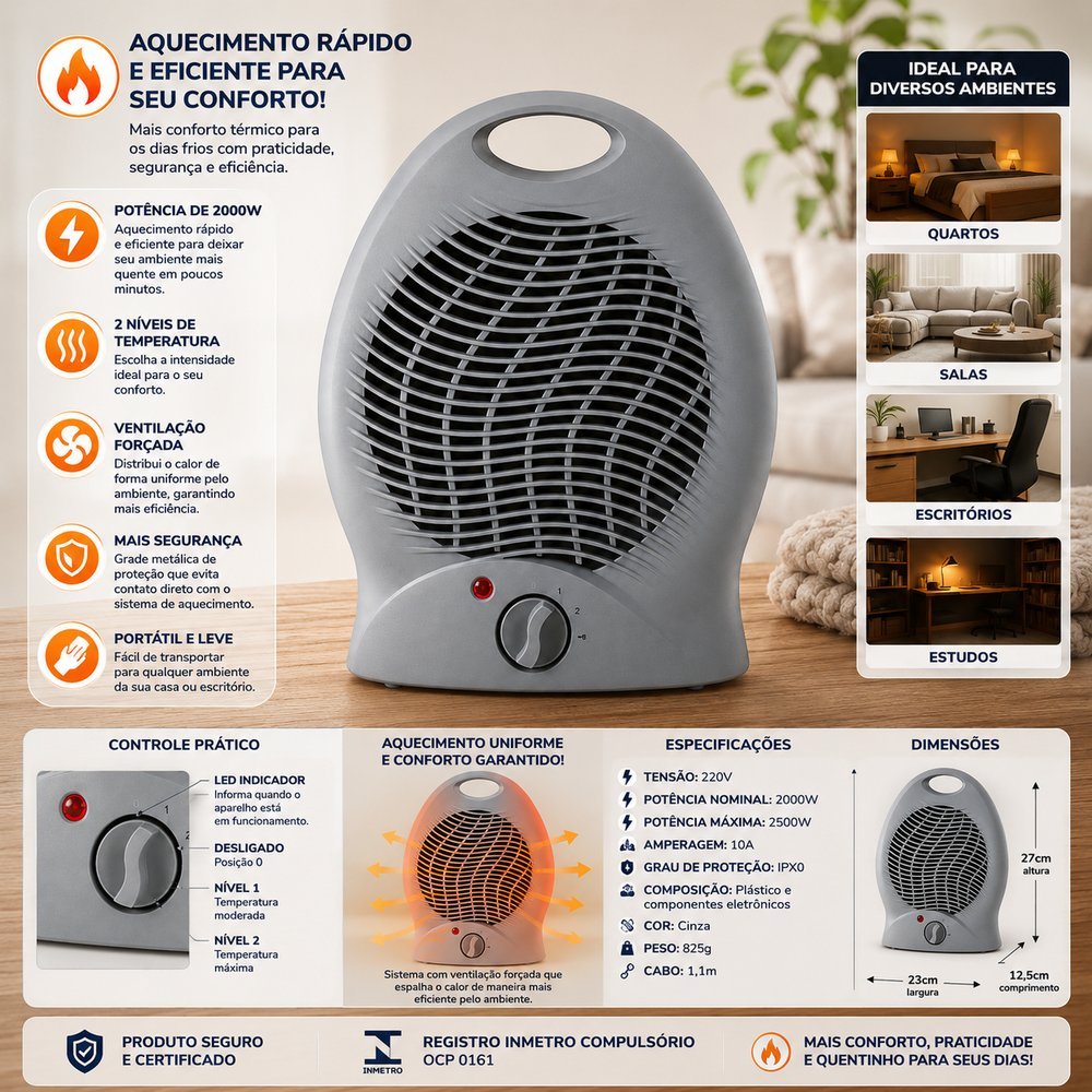 aquecedor de ar el trico 2000w 220v cinza imagem 1
