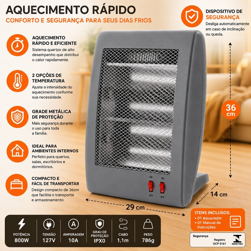 aquecedor de ar de ambiente quartzo 36cm 127v cinza imagem 1