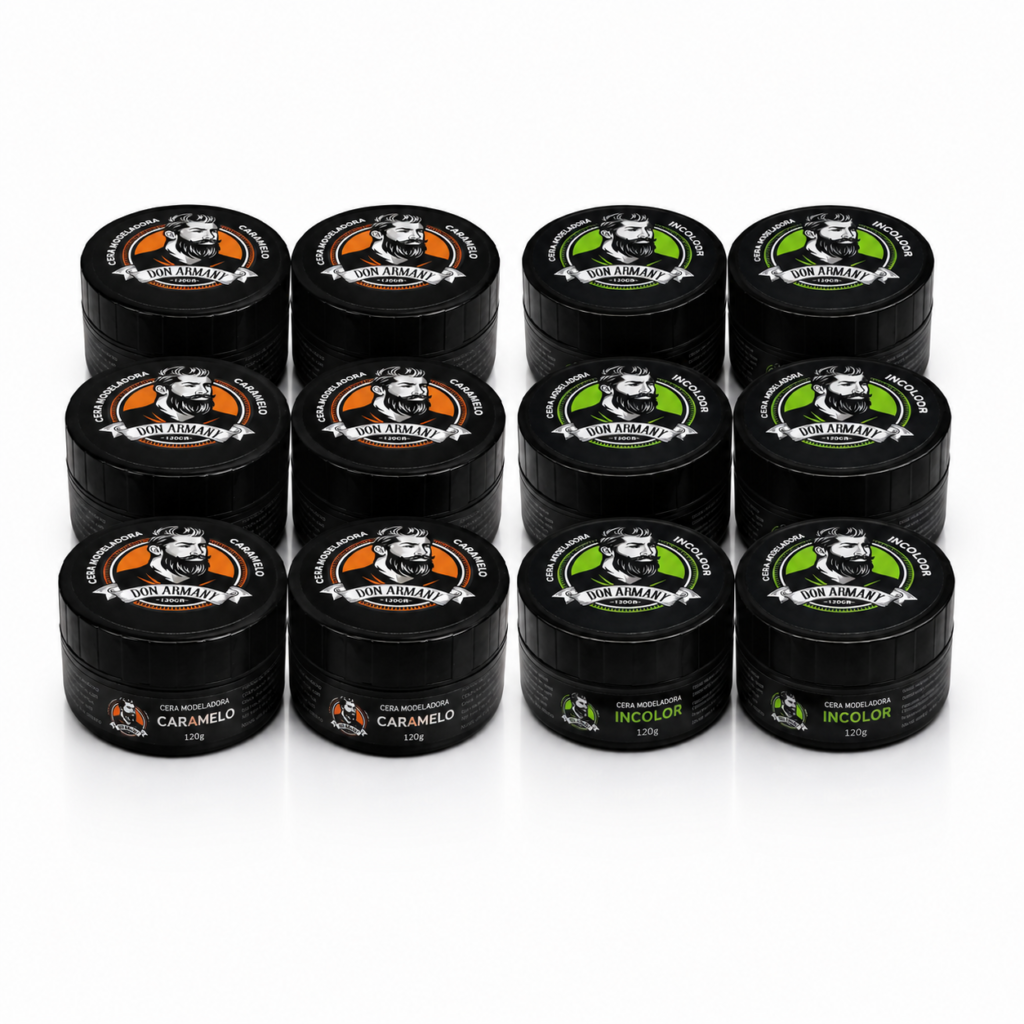 kit 12 pomadas modeladoras 120g – 6 incolor + 6 caramelo barber shop