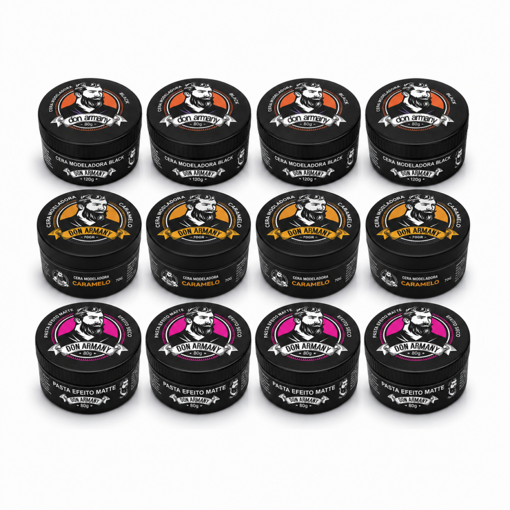 kit atacado 12 pomadas 70g profissionais – 4 black + 4 caramelo brilho + 4 pasta matte