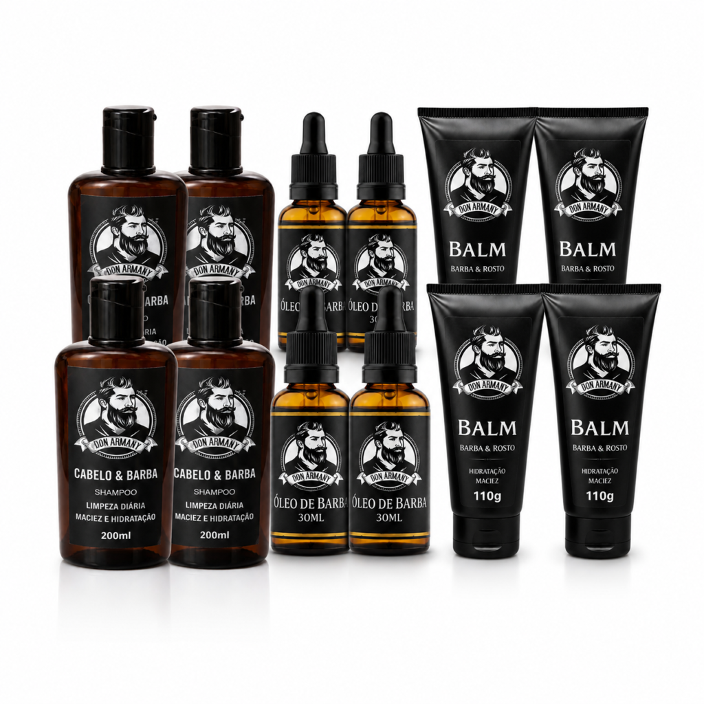 kit barbearia profissional don armany – 12 unidades atacado | 4 Óleos para barba + 4 balms + 4 shampoos masculinos