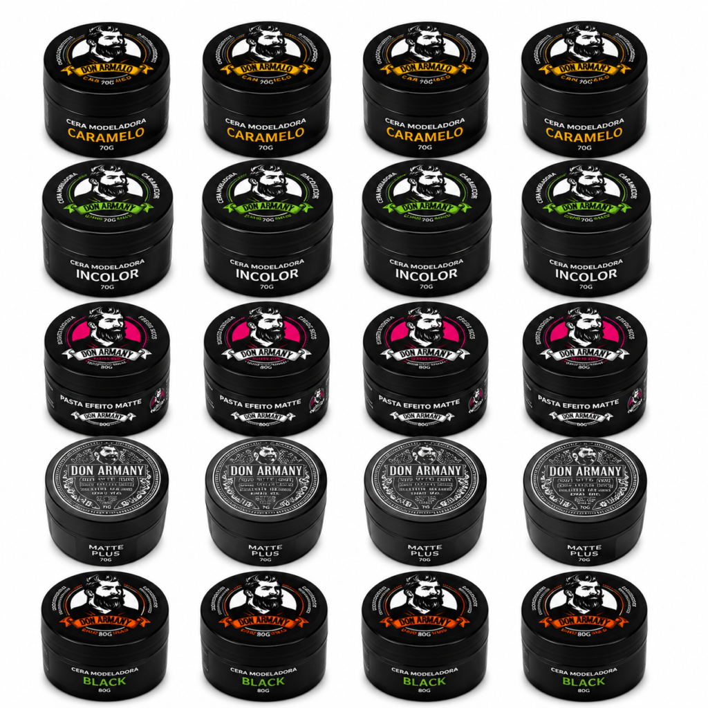 kit don armany 20 pomadas 70g profissional | caramelo, incolor, matte plus, pasta matte e black